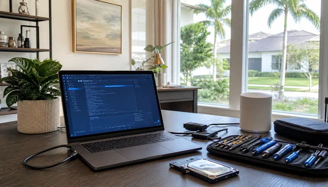 On-site computer repair in Wesley Chapel, FL with a local town center backdrop